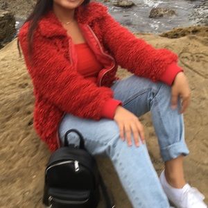 Red furry jacket